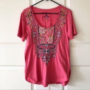 Johnny Was Coral Pink Embroidered Boho style Top